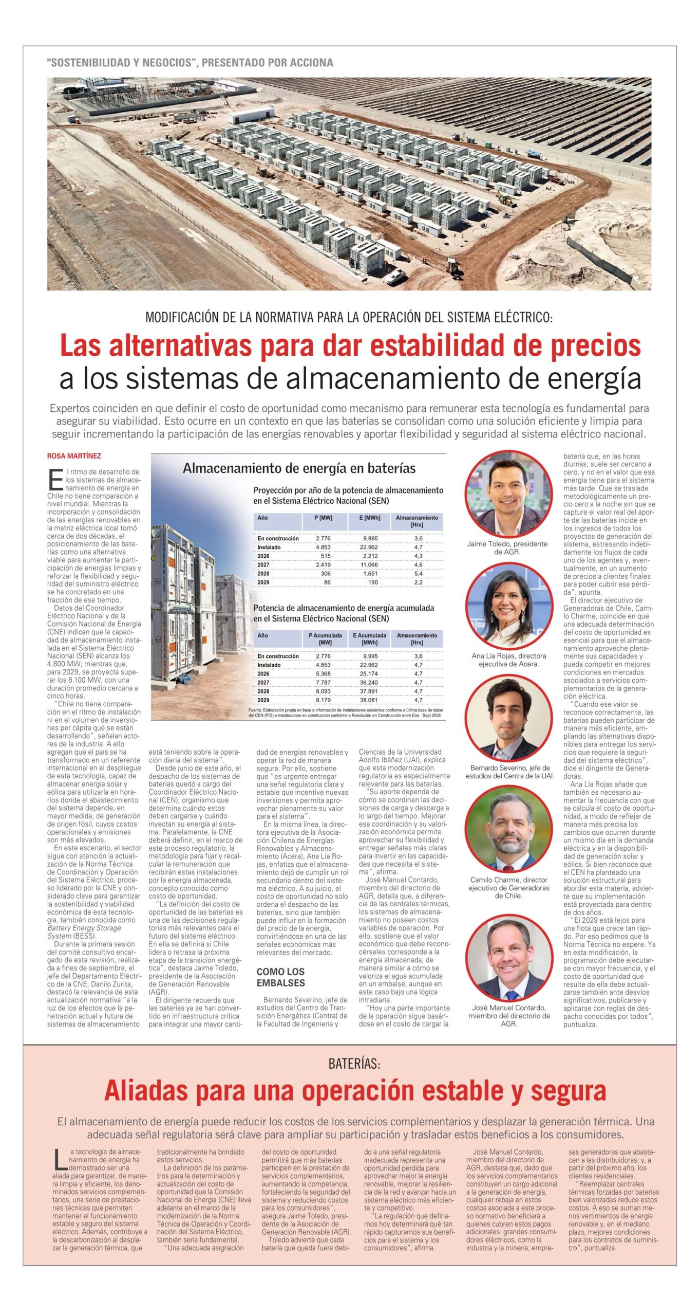 El Mercurio page of October 22, 2026, with the article on energy storage